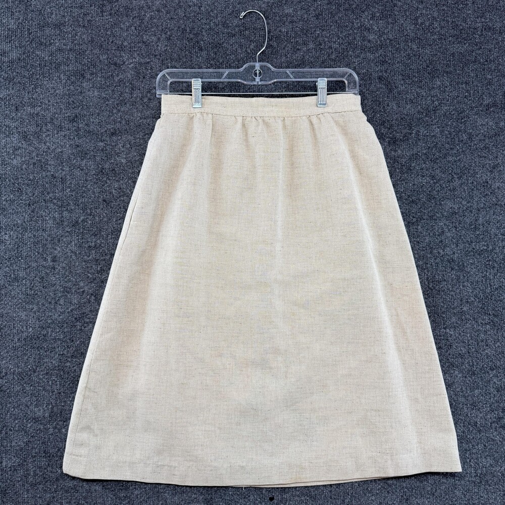 Vintage Women’s Skirt Beige Solid A-Line Midi Lined Elastic Waist Pockets